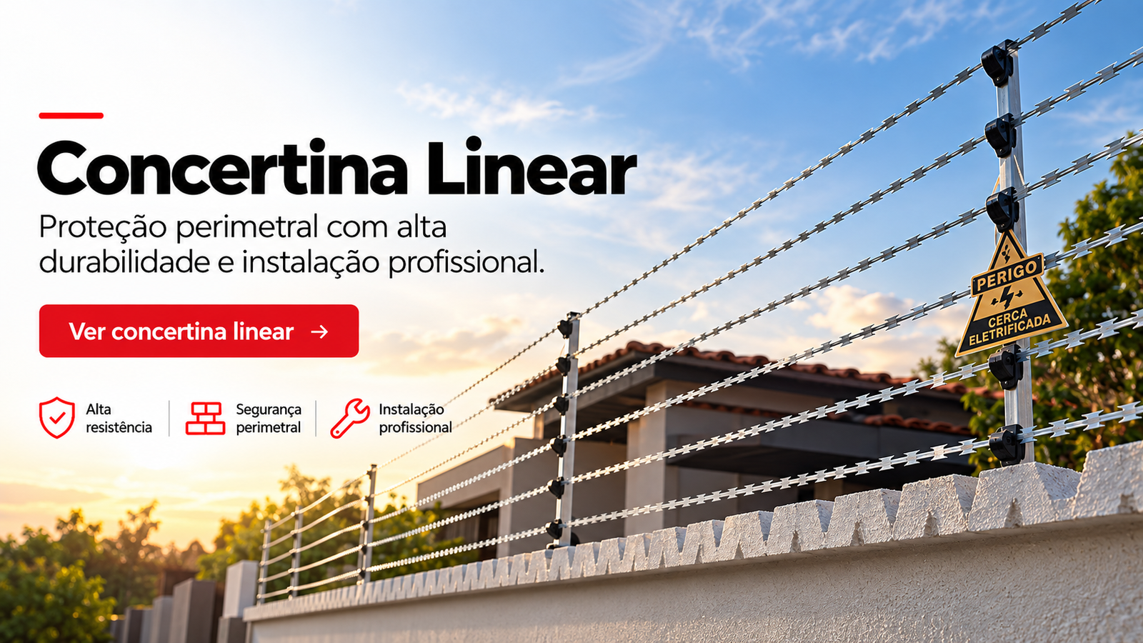 Concertina linear EURO instalada em muro com sistema de proteção perimetral